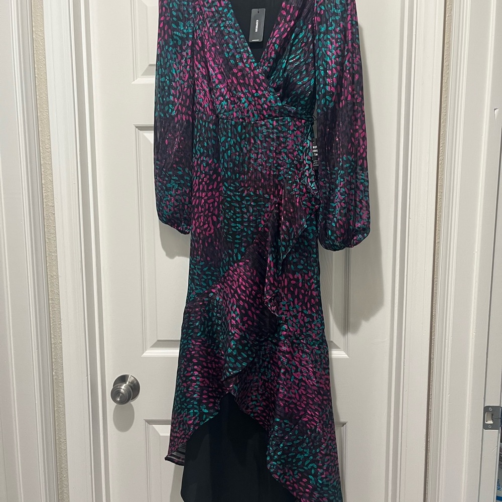 Express Blue and Pink Long Sleeve Wrap Sundress